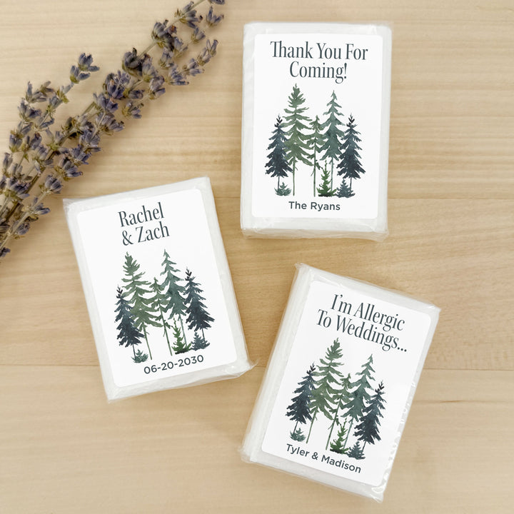 Personalized Wedding Guest Tissues, Rustic Watercolor Pine Tree Design, Pocket Size Tissue Packs