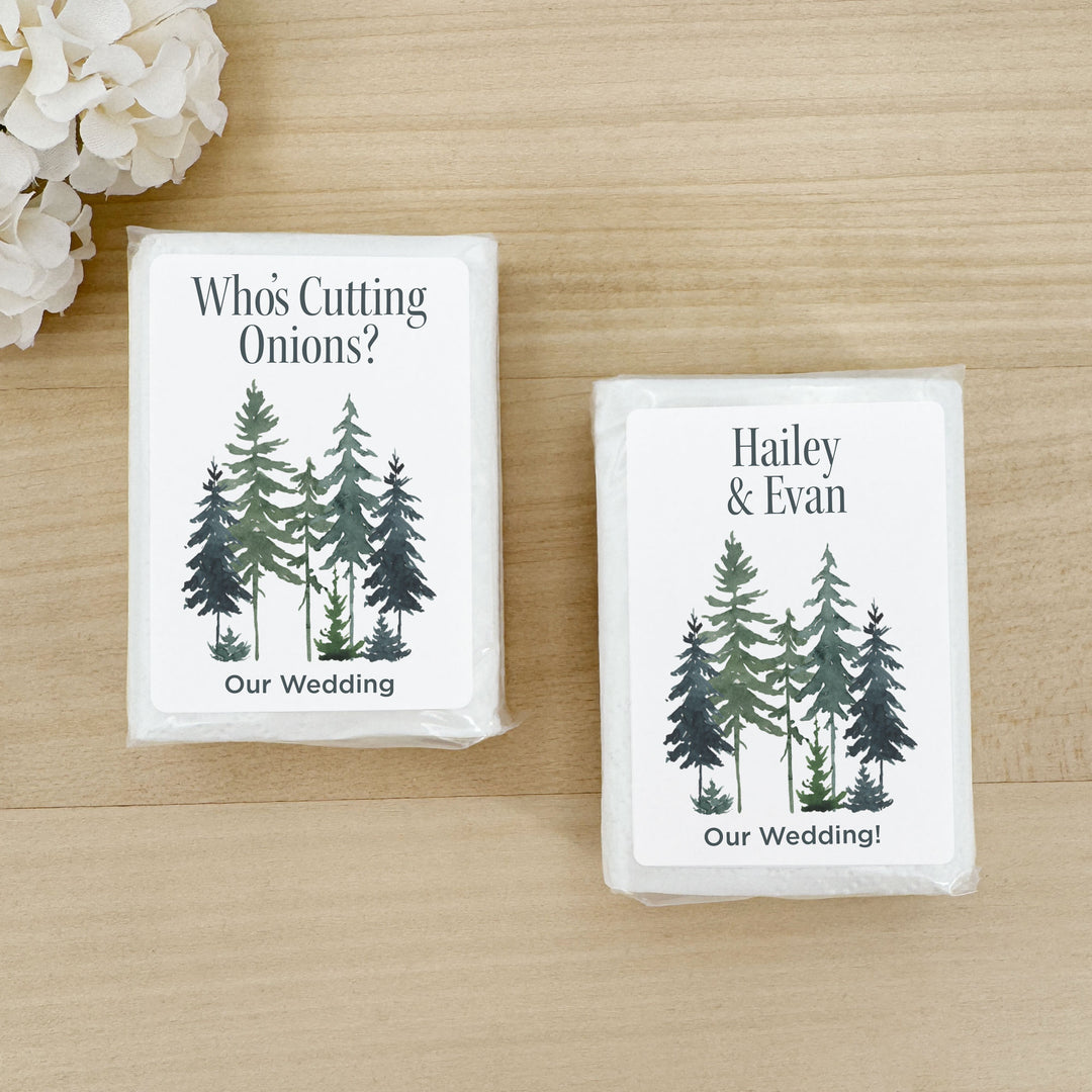 Personalized Wedding Guest Tissues, Rustic Watercolor Pine Tree Design, Pocket Size Tissue Packs