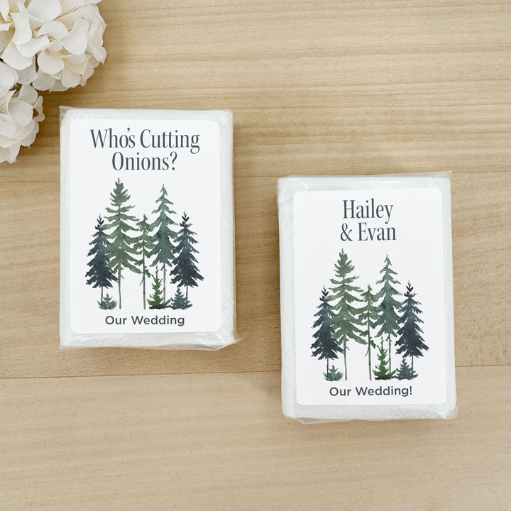 Personalized Wedding Guest Tissues, Rustic Watercolor Pine Tree Design, Pocket Size Tissue Packs