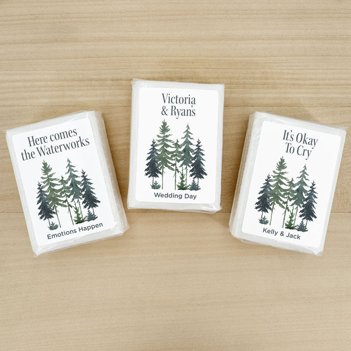 Personalized Wedding Guest Tissues, Rustic Watercolor Pine Tree Design, Pocket Size Tissue Packs