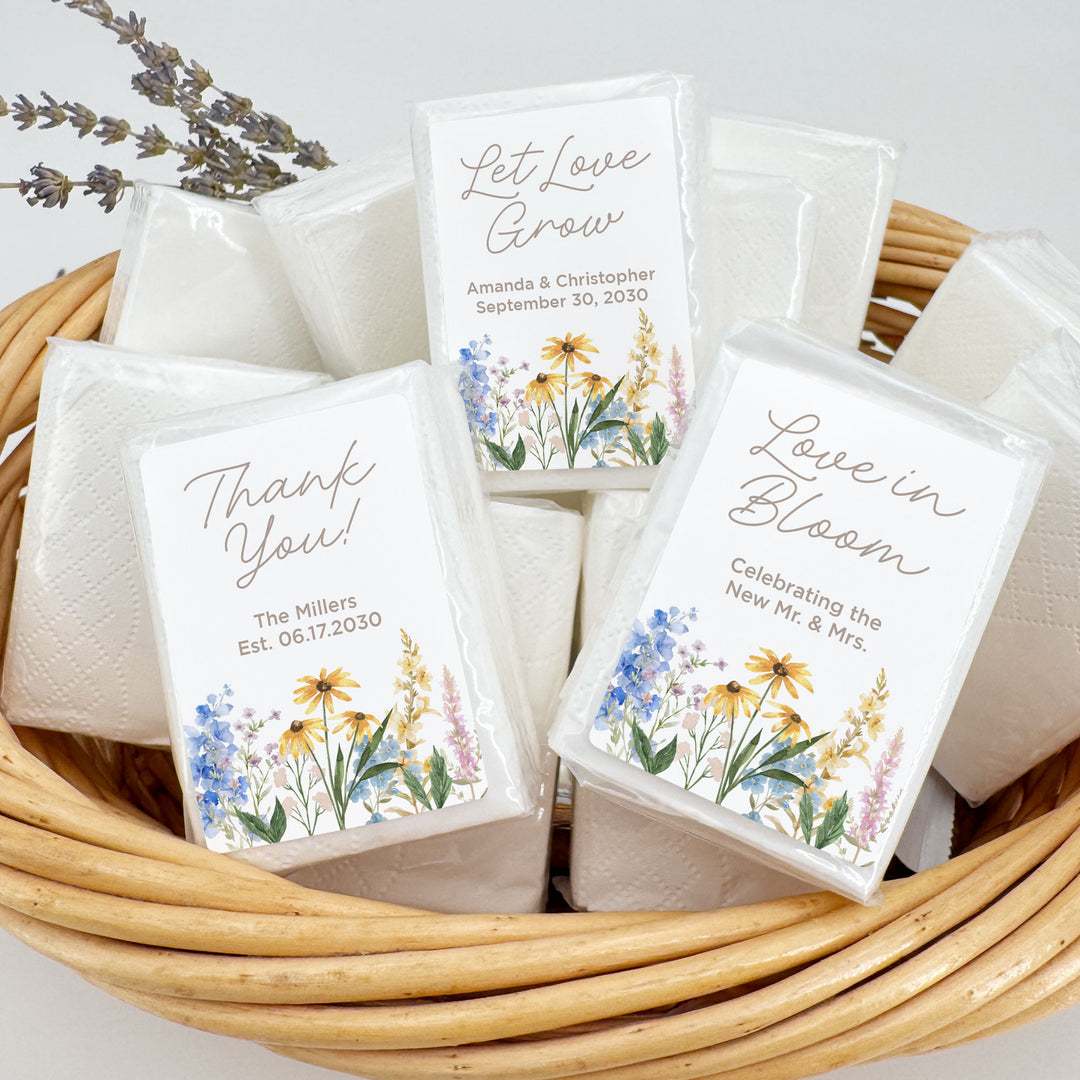 Personalized Wedding Guest Tissues, Wildflower Wedding Design, Pocket Size Tissue Packs