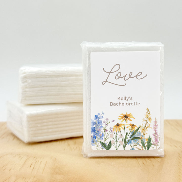 Personalized Wedding Guest Tissues, Wildflower Wedding Design, Pocket Size Tissue Packs