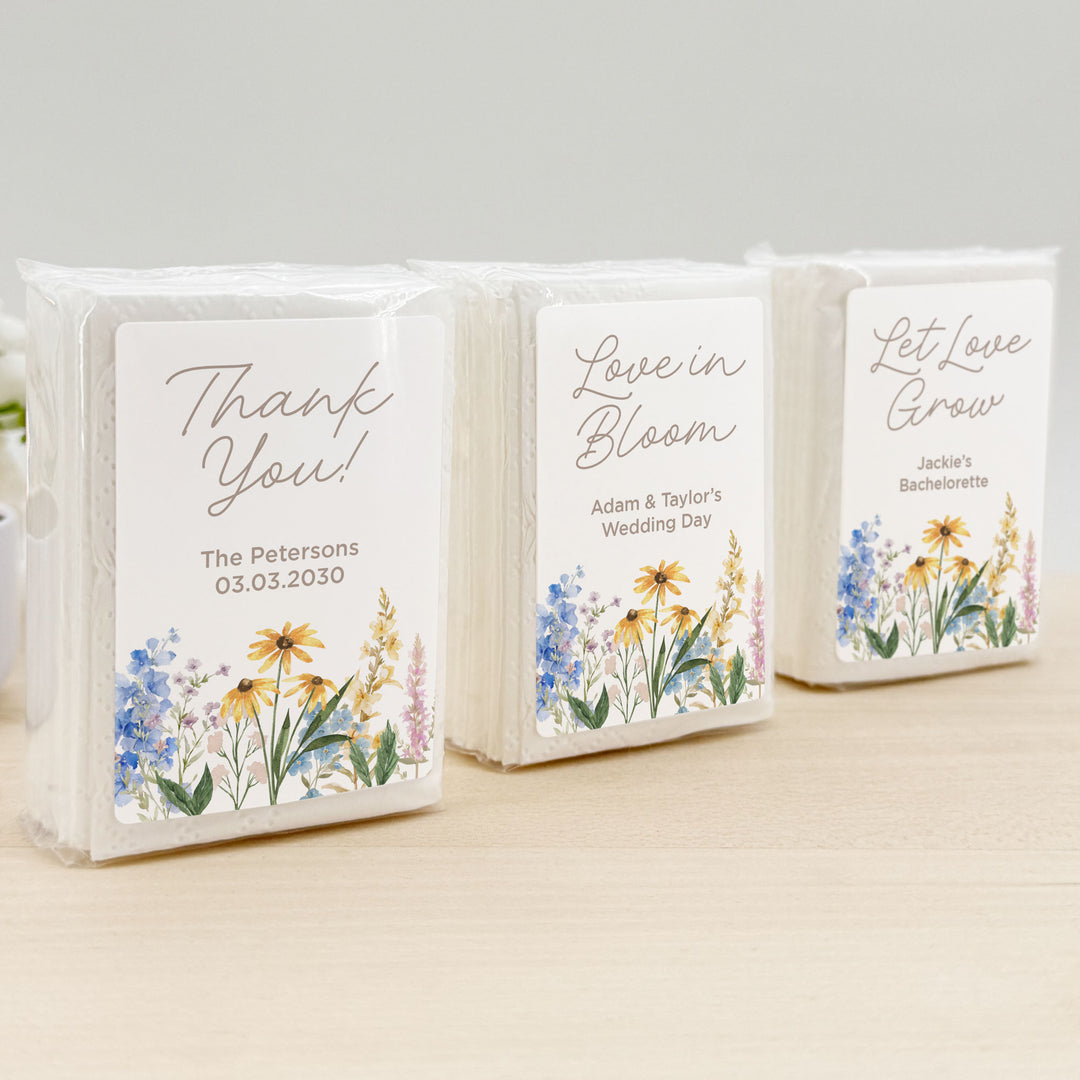 Personalized Wedding Guest Tissues, Wildflower Wedding Design, Pocket Size Tissue Packs