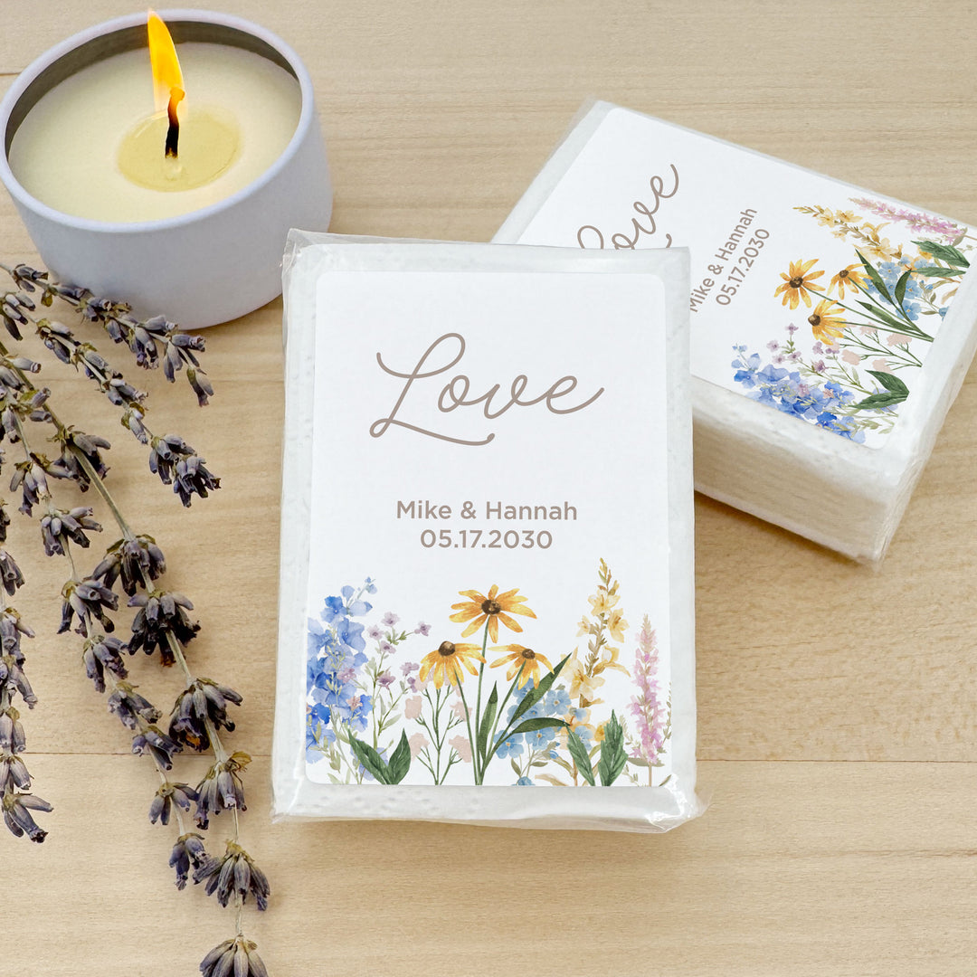 Personalized Wedding Guest Tissues, Wildflower Wedding Design, Pocket Size Tissue Packs