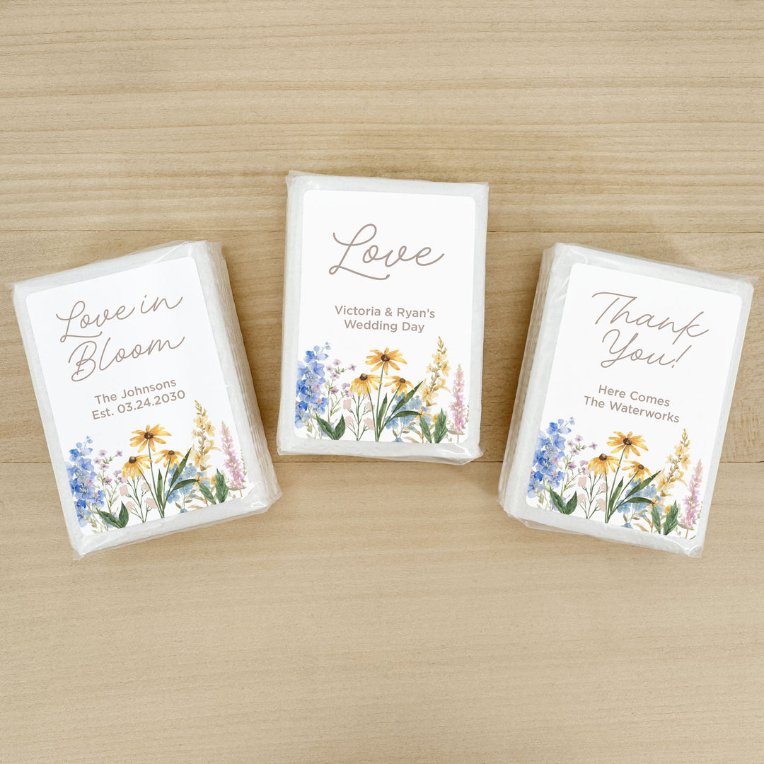 Personalized Wedding Guest Tissues, Wildflower Wedding Design, Pocket Size Tissue Packs