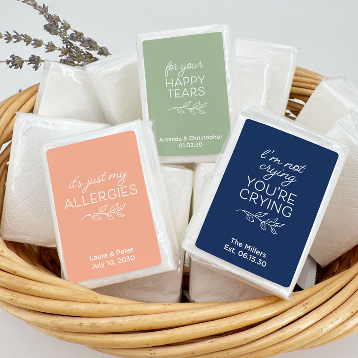 Personalized Wedding Guest Tissues, Happy Tears, No Ugly Crying, Pocket Size Tissue Packs