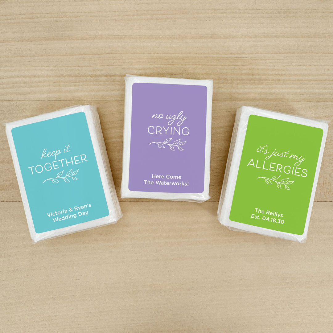 Personalized Wedding Guest Tissues, Happy Tears, No Ugly Crying, Pocket Size Tissue Packs