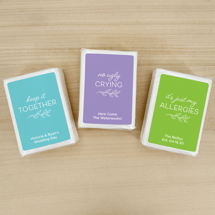 Personalized Wedding Guest Tissues, Happy Tears, No Ugly Crying, Pocket Size Tissue Packs