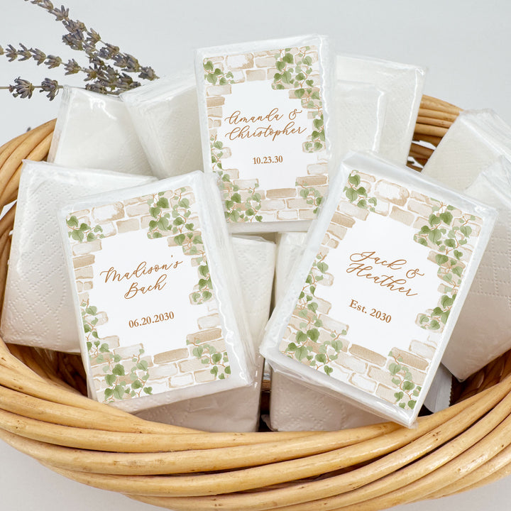 Wedding Tissues For Your Happy Tears, Personalized Pocket Size Packs, Stone Wall with Vines