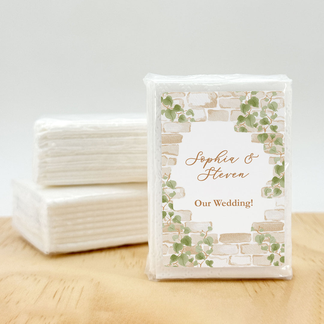Wedding Tissues For Your Happy Tears, Personalized Pocket Size Packs, Stone Wall with Vines
