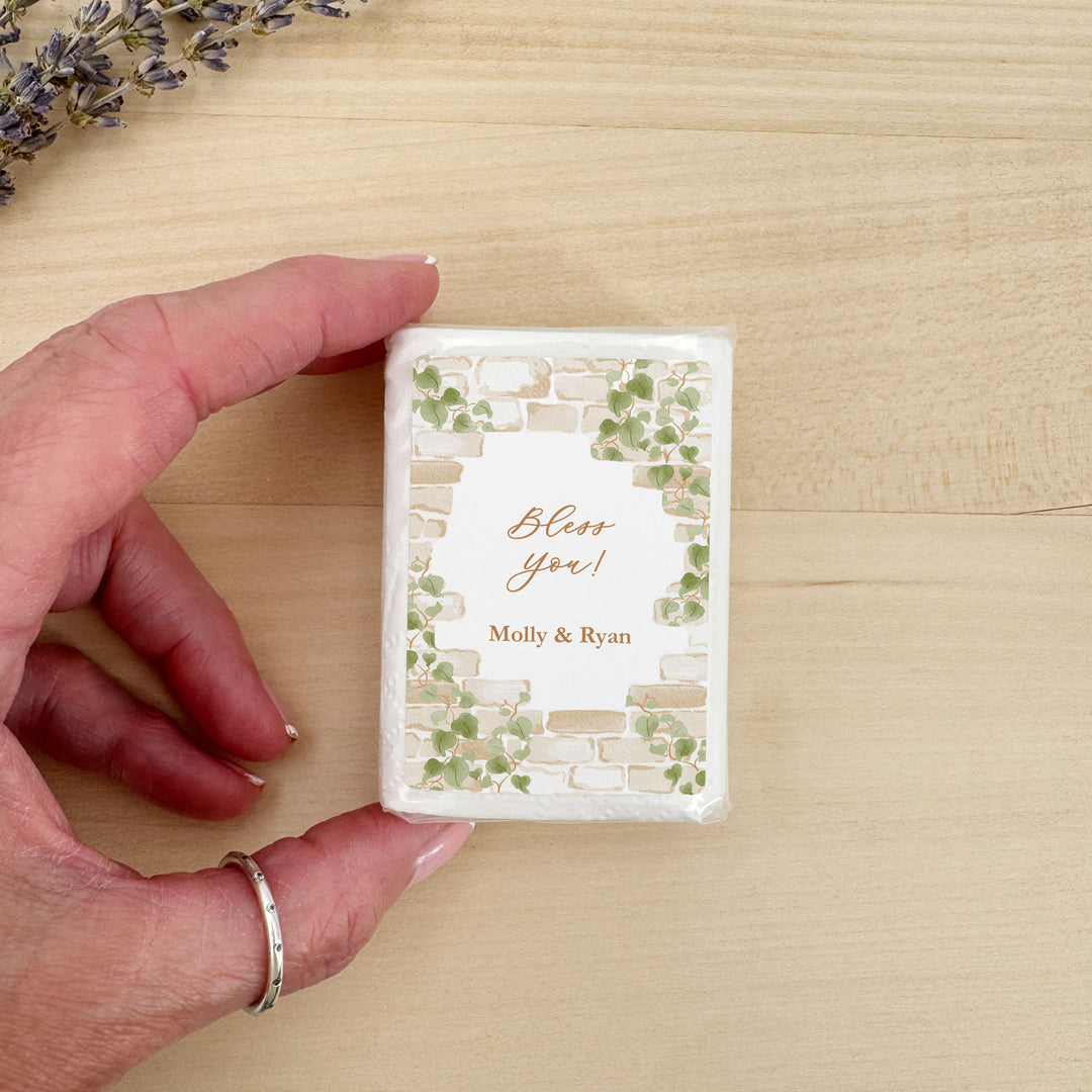 Wedding Tissues For Your Happy Tears, Personalized Pocket Size Packs, Stone Wall with Vines