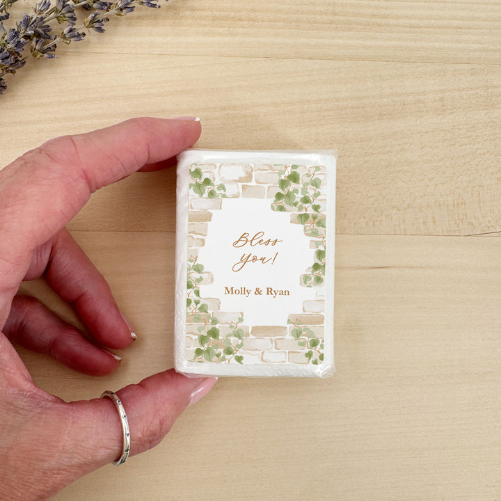 Wedding Tissues For Your Happy Tears, Personalized Pocket Size Packs, Stone Wall with Vines