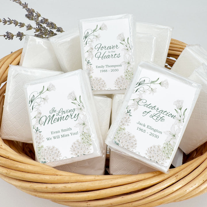 Memorial Tissue Favors, Personalized Pocket Size Packs, Funeral Favors, White Floral Memorial