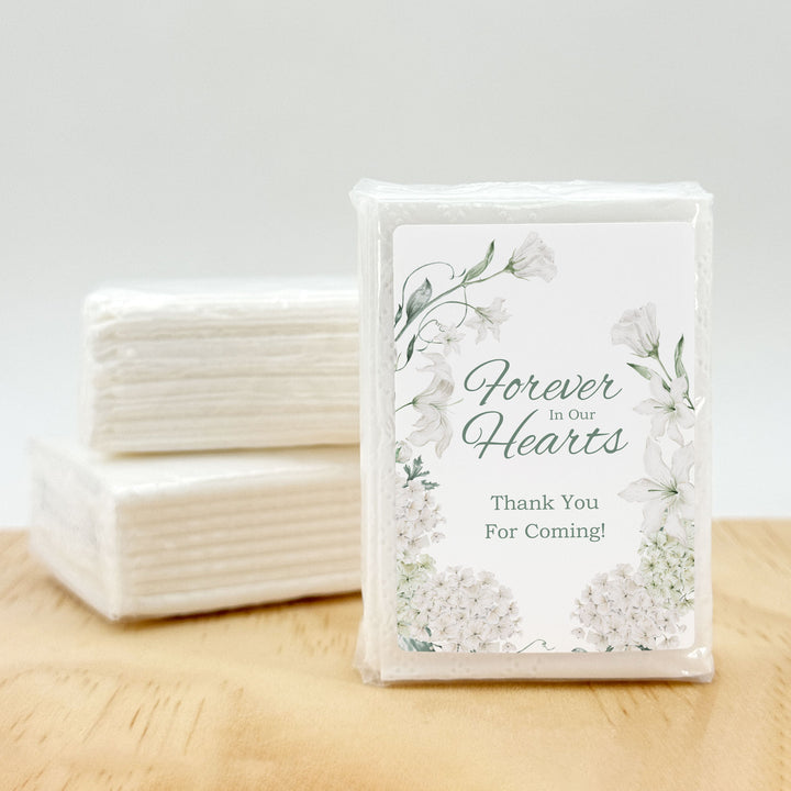Memorial Tissue Favors, Personalized Pocket Size Packs, Funeral Favors, White Floral Memorial
