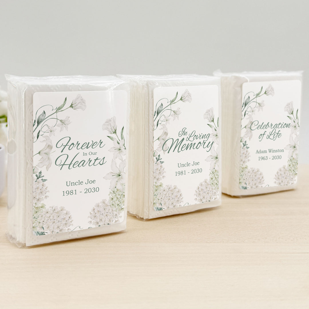 Memorial Tissue Favors, Personalized Pocket Size Packs, Funeral Favors, White Floral Memorial