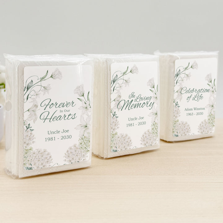 Memorial Tissue Favors, Personalized Pocket Size Packs, Funeral Favors, White Floral Memorial