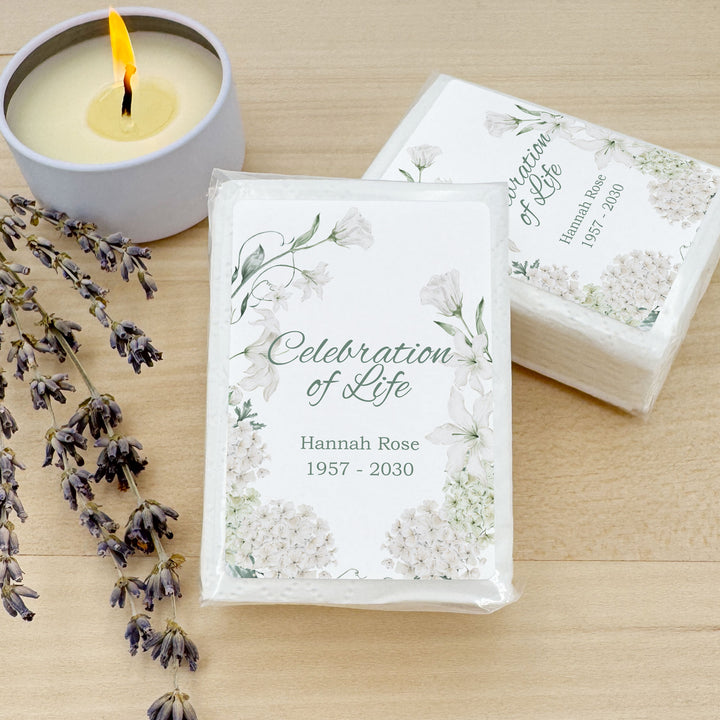 Memorial Tissue Favors, Personalized Pocket Size Packs, Funeral Favors, White Floral Memorial