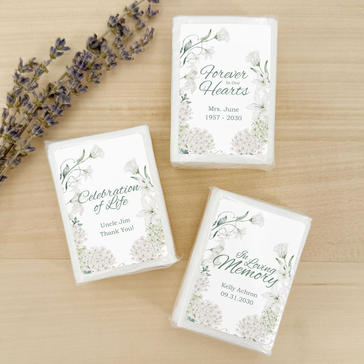 Memorial Tissue Favors, Personalized Pocket Size Packs, Funeral Favors, White Floral Memorial
