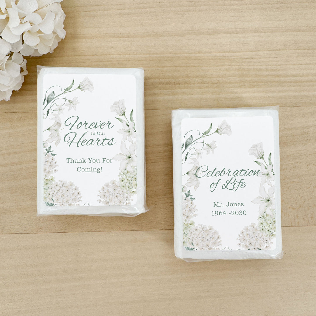 Memorial Tissue Favors, Personalized Pocket Size Packs, Funeral Favors, White Floral Memorial