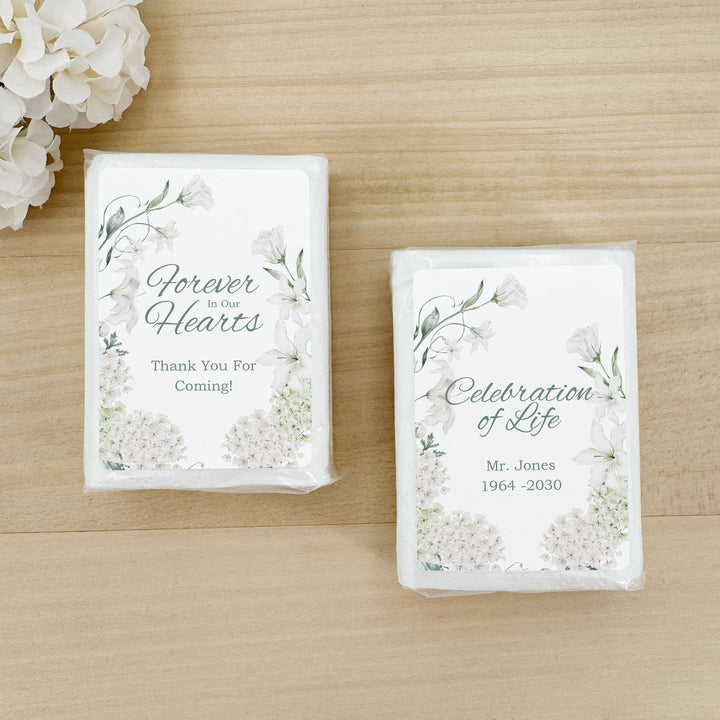 Memorial Tissue Favors, Personalized Pocket Size Packs, Funeral Favors, White Floral Memorial