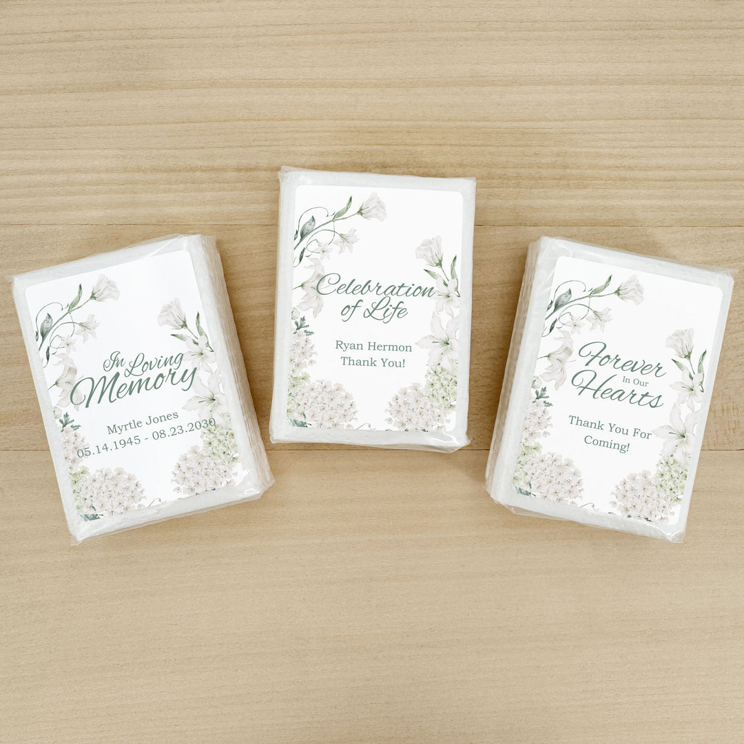 Memorial Tissue Favors, Personalized Pocket Size Packs, Funeral Favors, White Floral Memorial