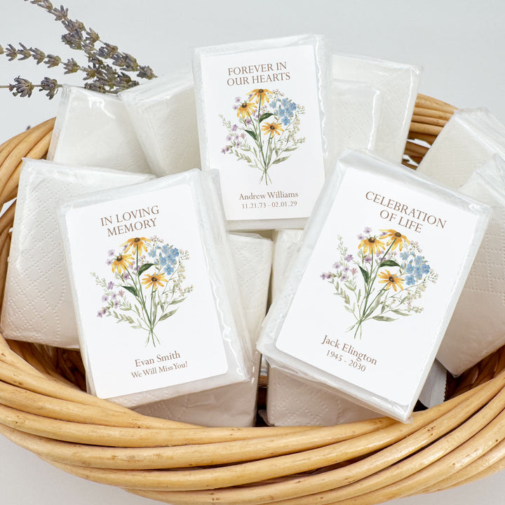 Memorial Tissue Favors, Personalized Pocket Size Packs, Funeral Favors, Wildflower Memorial