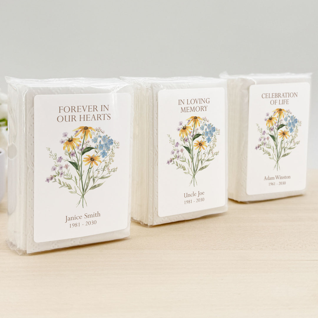 Memorial Tissue Favors, Personalized Pocket Size Packs, Funeral Favors, Wildflower Memorial