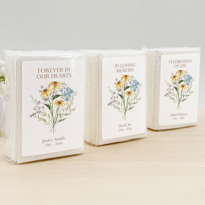 Memorial Tissue Favors, Personalized Pocket Size Packs, Funeral Favors, Wildflower Memorial