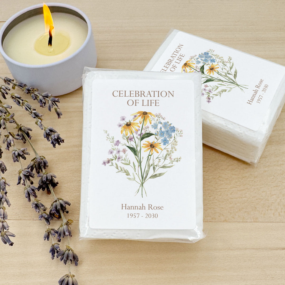 Memorial Tissue Favors, Personalized Pocket Size Packs, Funeral Favors, Wildflower Memorial