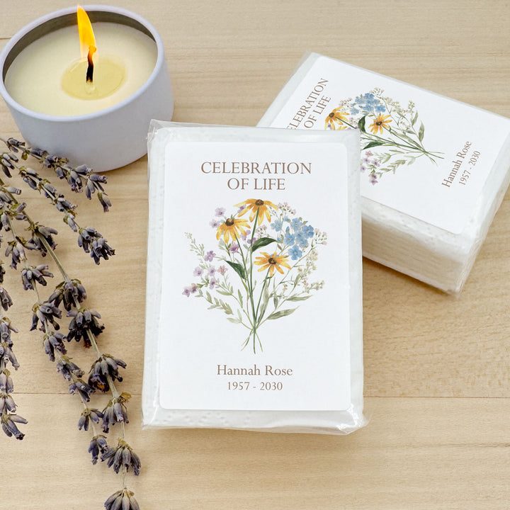 Memorial Tissue Favors, Personalized Pocket Size Packs, Funeral Favors, Wildflower Memorial