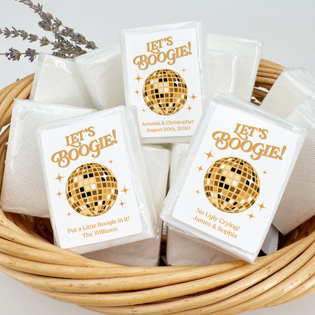 Personalized Wedding Guest Tissues, Let's Boogie Disco Ball Humorous Tissues, Pocket Size Tissue Packs