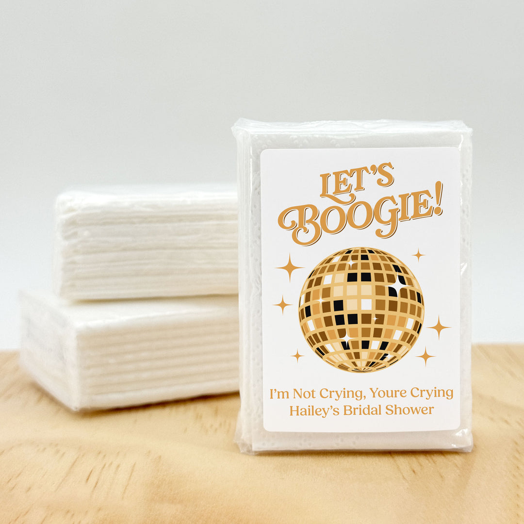 Personalized Wedding Guest Tissues, Let's Boogie Disco Ball Humorous Tissues, Pocket Size Tissue Packs