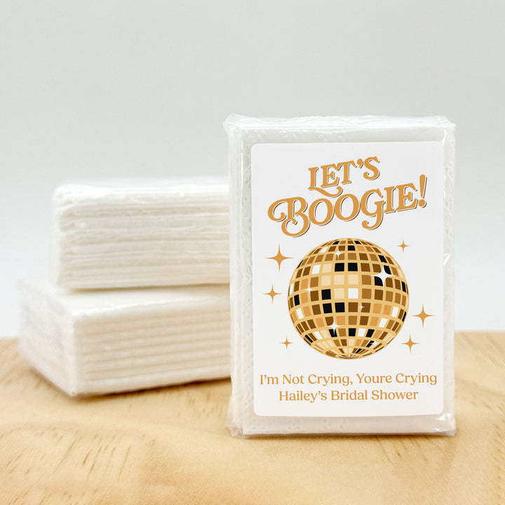 Personalized Wedding Guest Tissues, Let's Boogie Disco Ball Humorous Tissues, Pocket Size Tissue Packs