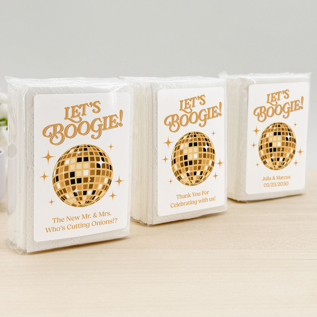 Personalized Wedding Guest Tissues, Let's Boogie Disco Ball Humorous Tissues, Pocket Size Tissue Packs