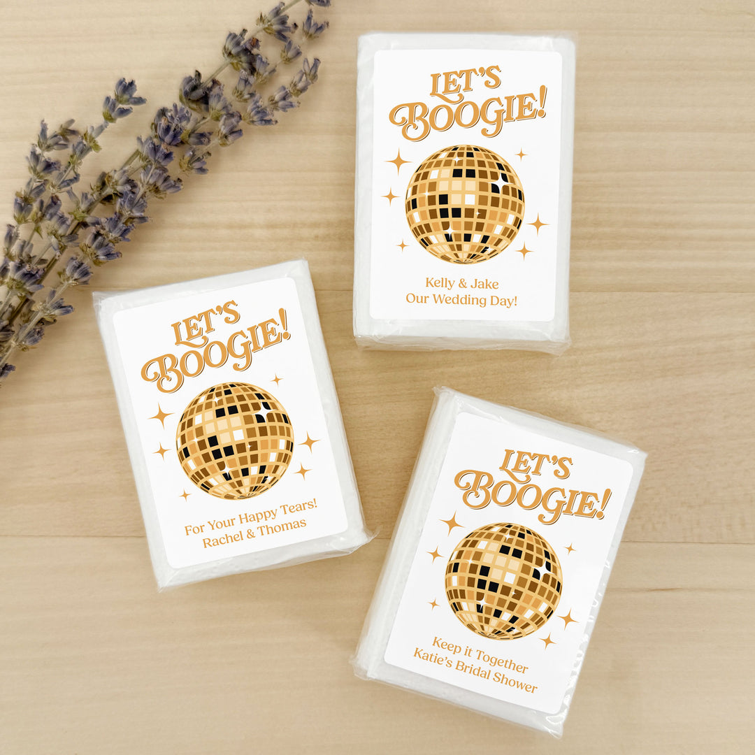 Personalized Wedding Guest Tissues, Let's Boogie Disco Ball Humorous Tissues, Pocket Size Tissue Packs