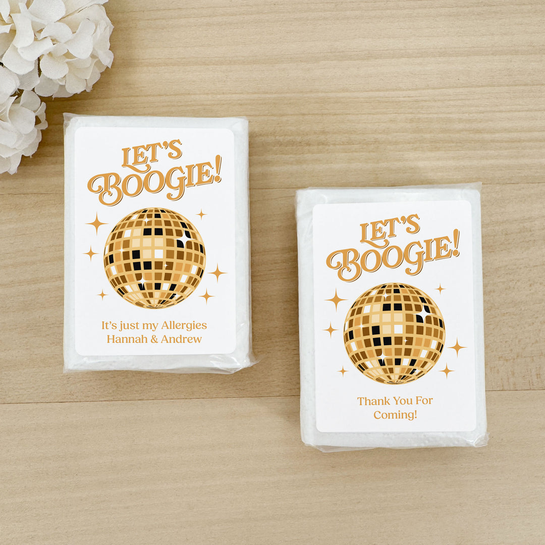 Personalized Wedding Guest Tissues, Let's Boogie Disco Ball Humorous Tissues, Pocket Size Tissue Packs