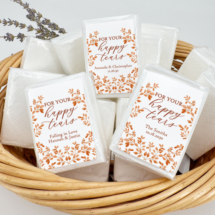 Fall Wedding Tissues, For Your Happy Tears, Personalized Pocket Size Packs, Autumn Leaves