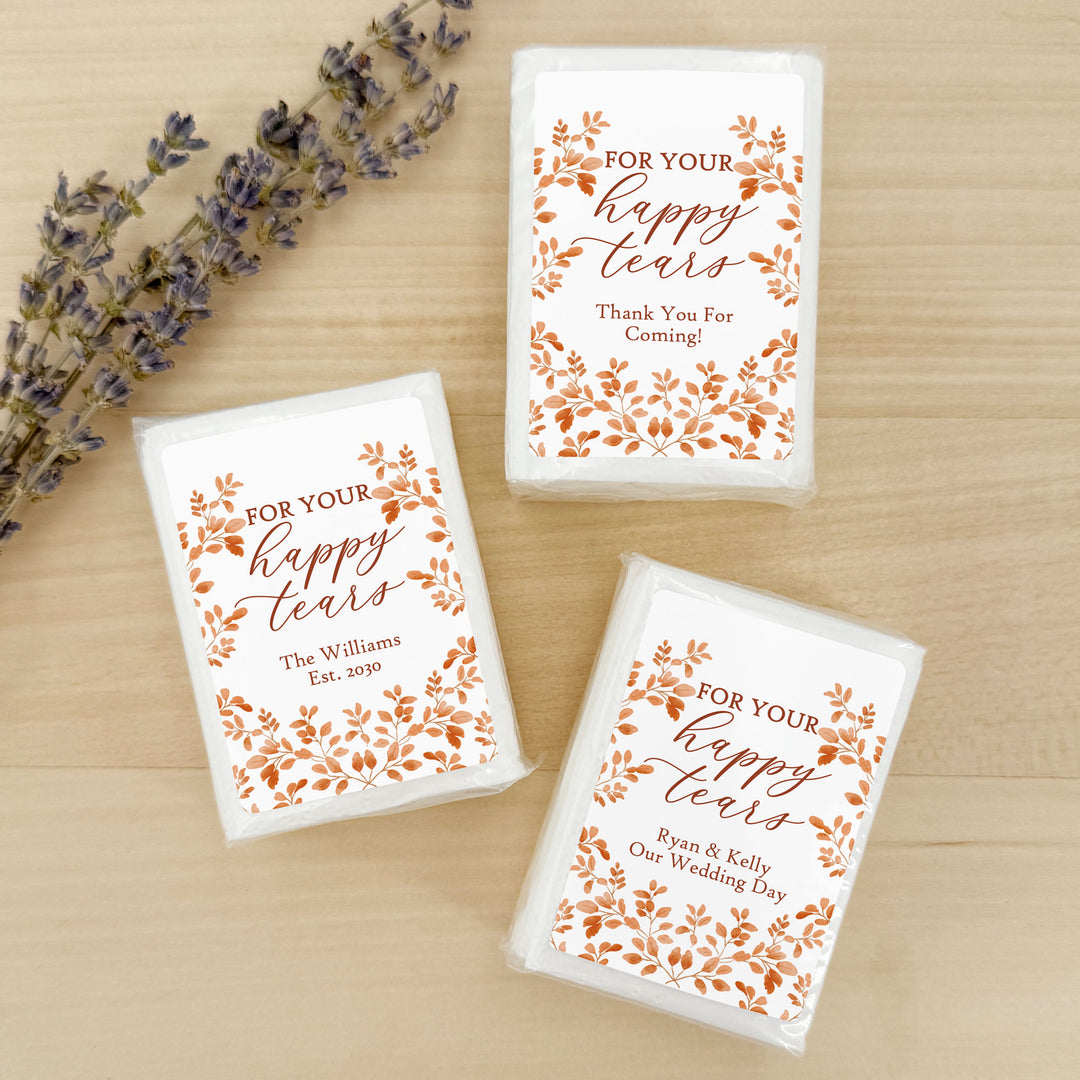 Fall Wedding Tissues, For Your Happy Tears, Personalized Pocket Size Packs, Autumn Leaves
