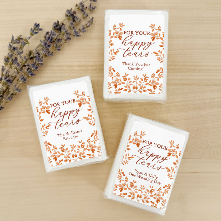 Fall Wedding Tissues, For Your Happy Tears, Personalized Pocket Size Packs, Autumn Leaves