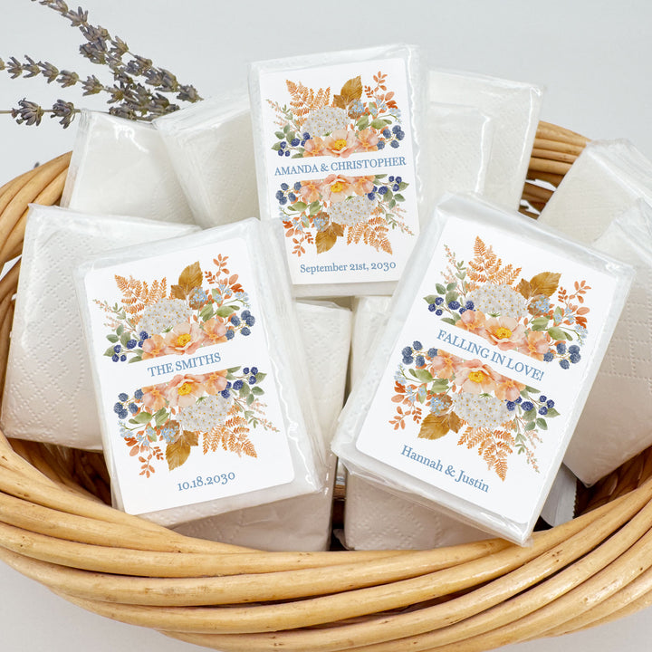 Fall Wedding Tissues, Personalized Pocket Size Packs, Peach &amp; Blue Florals