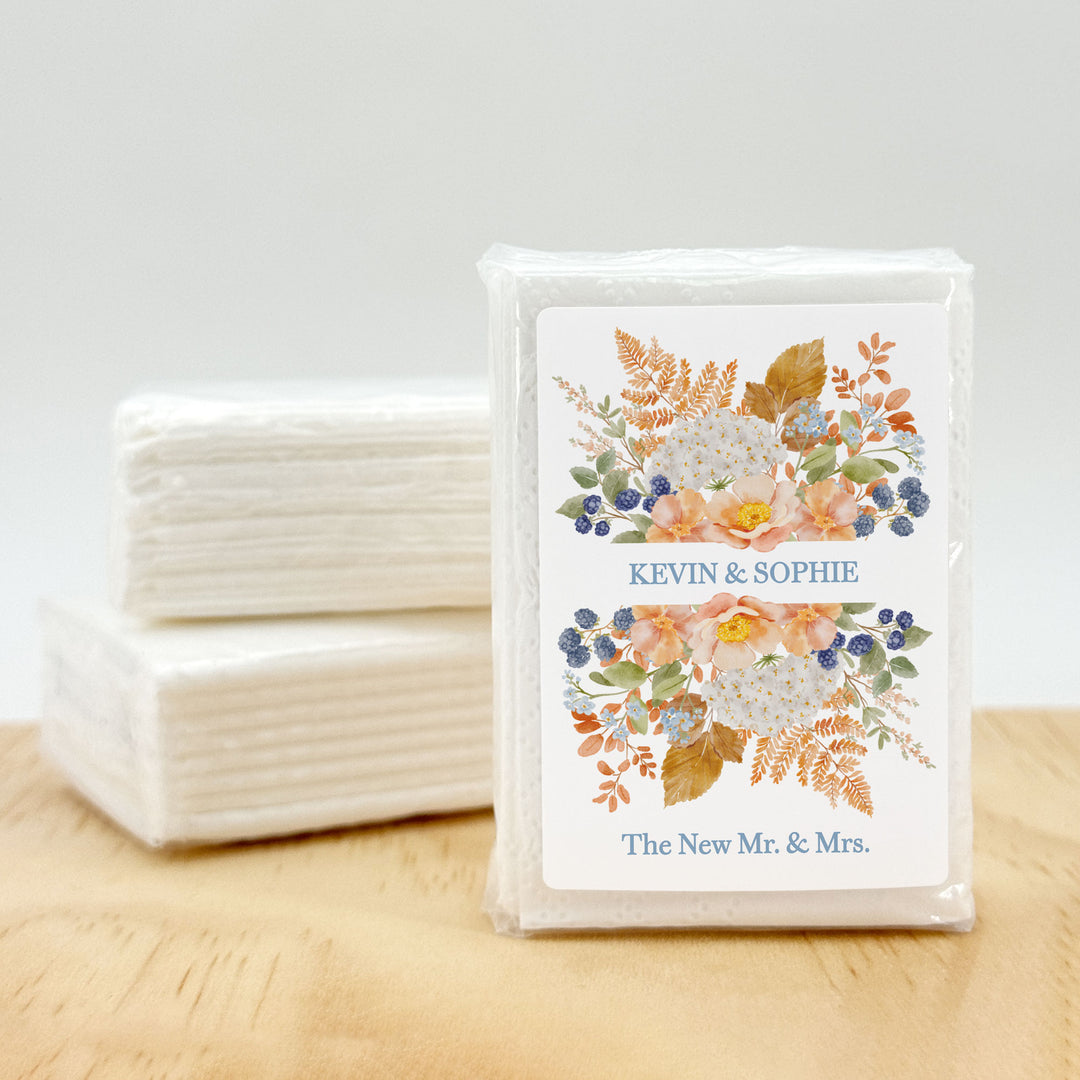 Fall Wedding Tissues, Personalized Pocket Size Packs, Peach &amp; Blue Florals