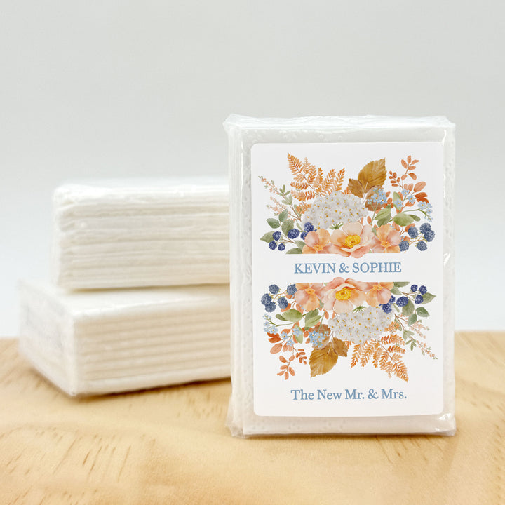 Fall Wedding Tissues, Personalized Pocket Size Packs, Peach &amp; Blue Florals