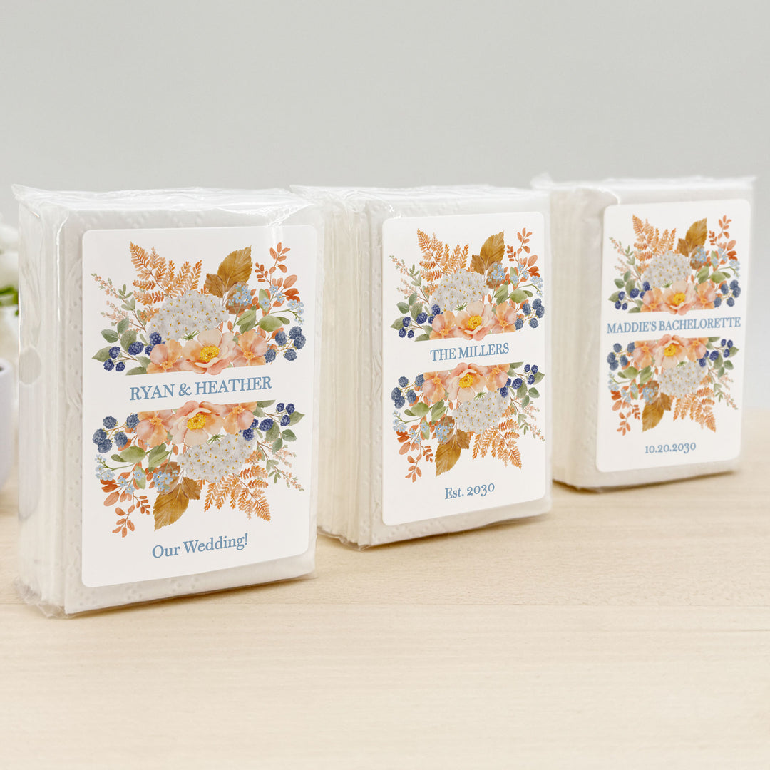 Fall Wedding Tissues, Personalized Pocket Size Packs, Peach &amp; Blue Florals