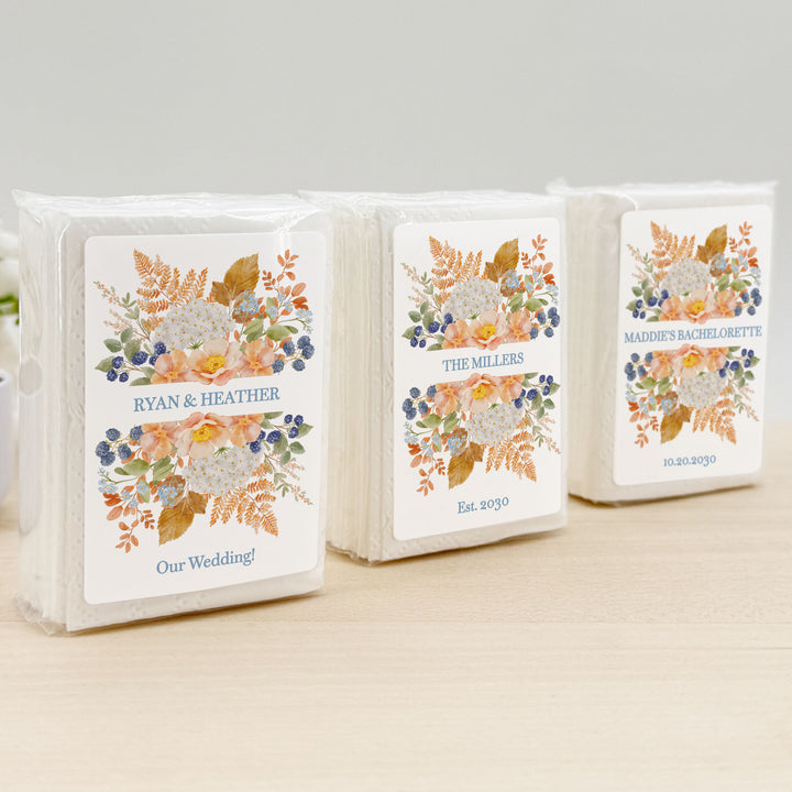 Fall Wedding Tissues, Personalized Pocket Size Packs, Peach &amp; Blue Florals