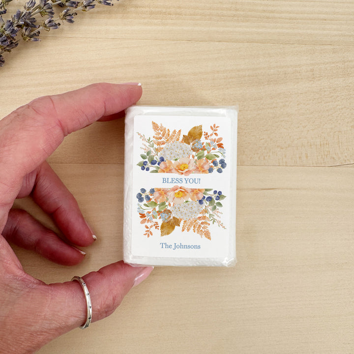 Fall Wedding Tissues, Personalized Pocket Size Packs, Peach &amp; Blue Florals