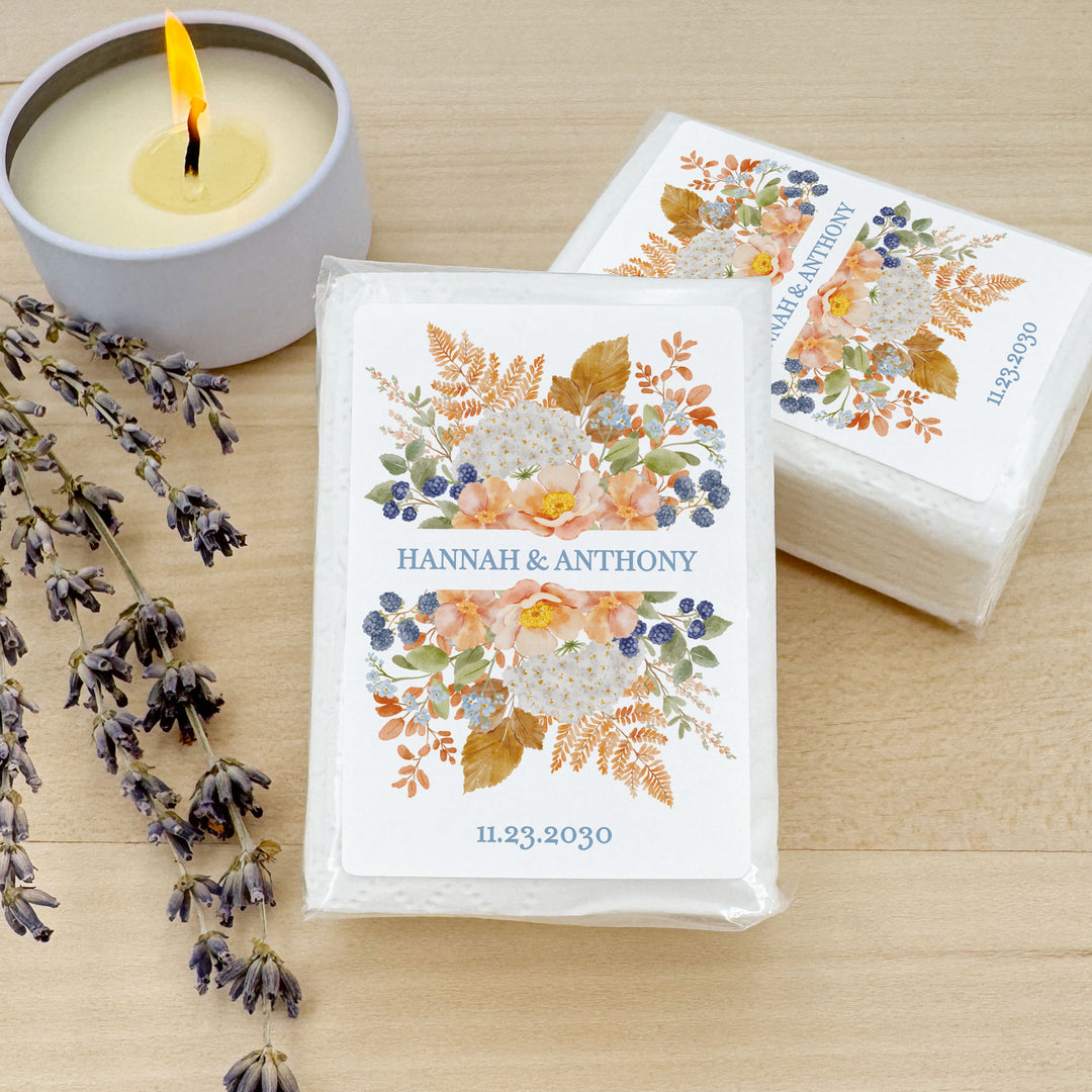Fall Wedding Tissues, Personalized Pocket Size Packs, Peach &amp; Blue Florals