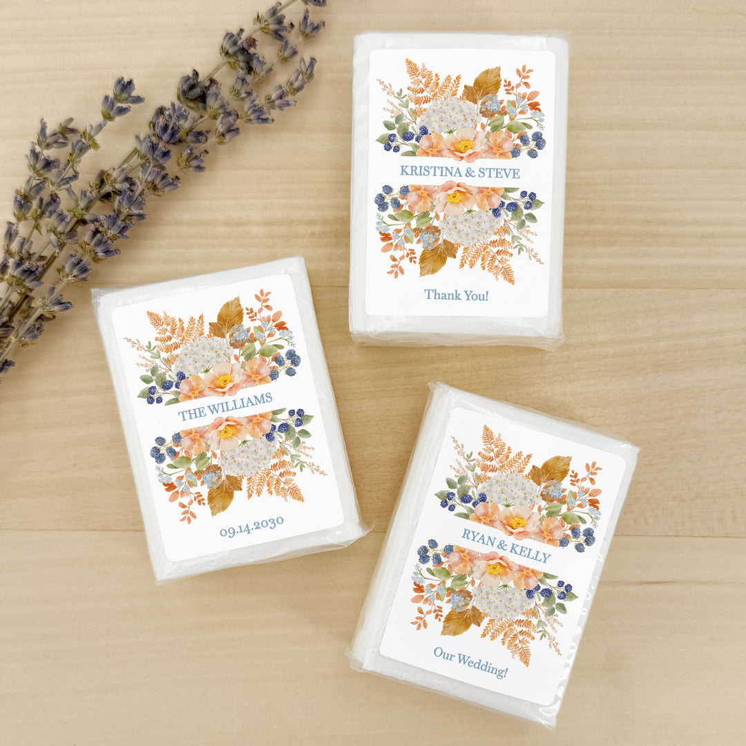 Fall Wedding Tissues, Personalized Pocket Size Packs, Peach &amp; Blue Florals