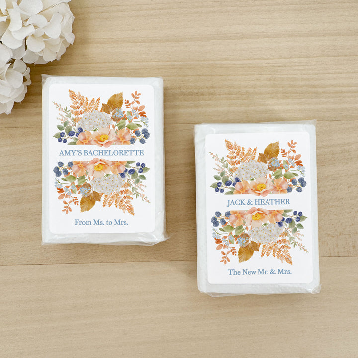 Fall Wedding Tissues, Personalized Pocket Size Packs, Peach &amp; Blue Florals