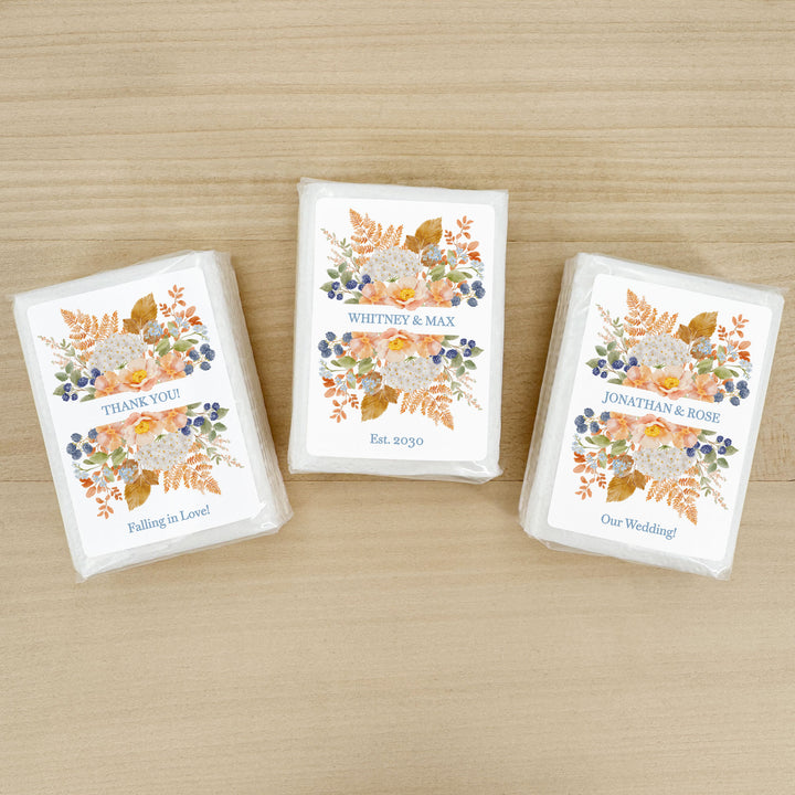 Fall Wedding Tissues, Personalized Pocket Size Packs, Peach &amp; Blue Florals