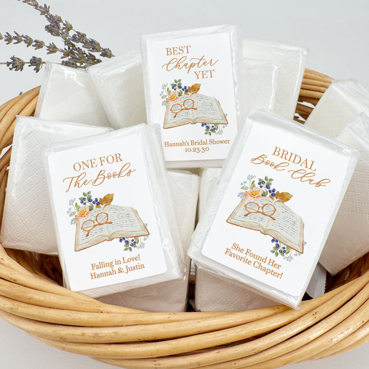 The Next Chapter Bridal Shower Tissues, Book Themed Bridal Shower Favors, Personalized Pocket Size Packs